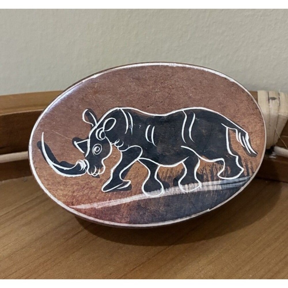Hand Painted Soap Stone African Rhino Trinket Box Carved Kenya Heavy